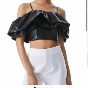 Alice and Olivia Crop - NAY VEGAN LEATHER RUFFLE TOP